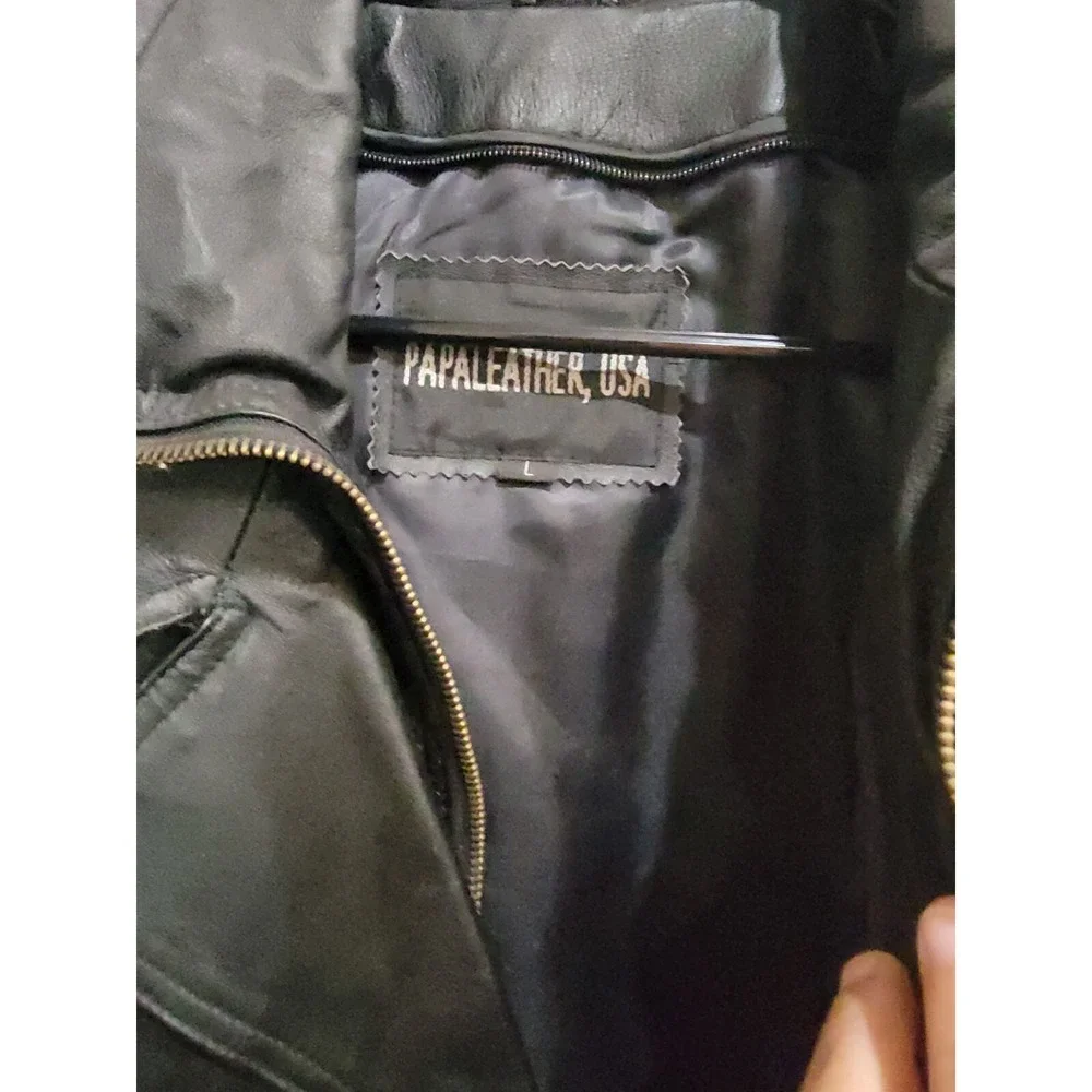 Papaleather USA black leather motorcycle flight JACKET full Zip‎ Black size L